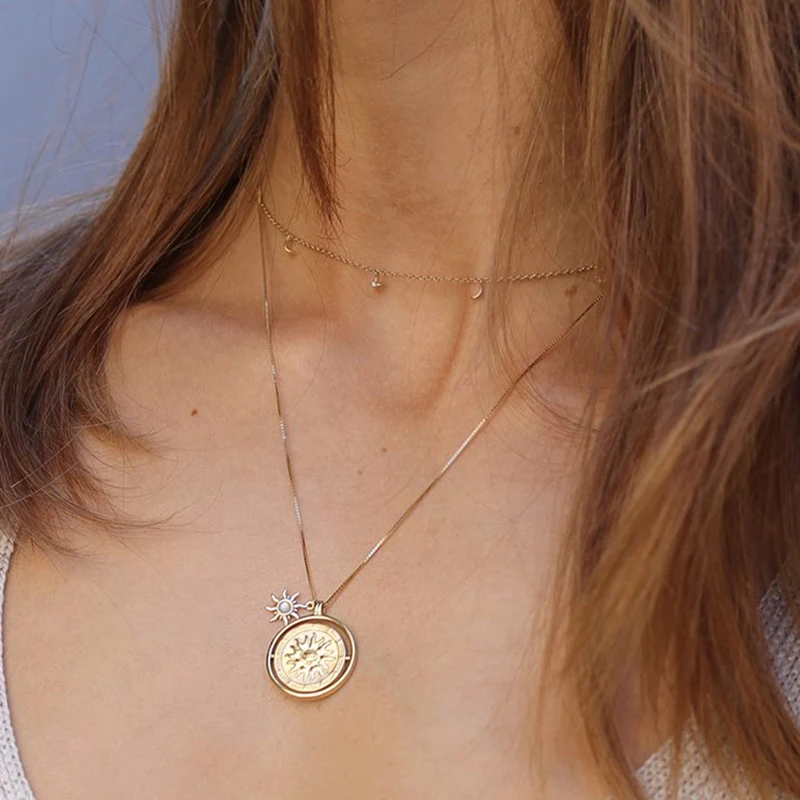 ROXI 18k Gold Plated Brass Vintage Sun Medallion Zircon Star Coin Charm Pendant Necklace