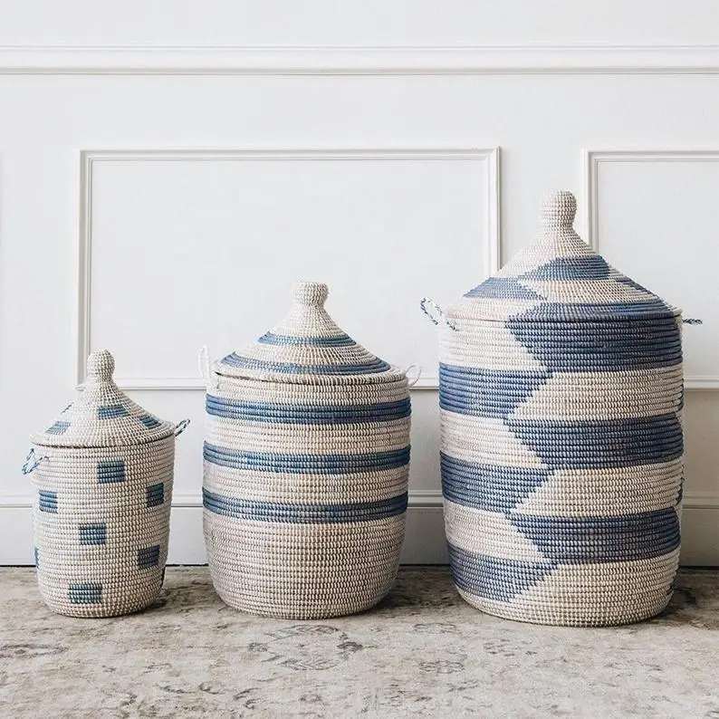 Оптовая продажа от вьетнамского производителя светло-голубой набор из 3 корзин для хранения африканских морских водорослей корзина белья индивидуальный дизайн