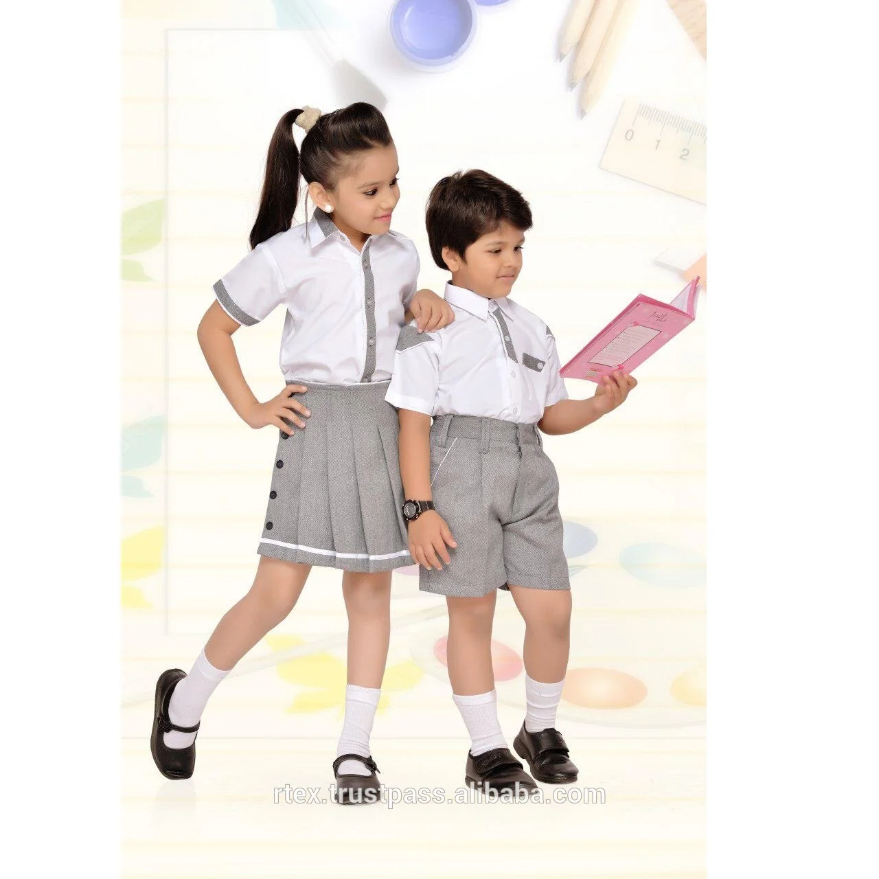 
White school uniform set for boys and girls of all ages with school logo - S37 