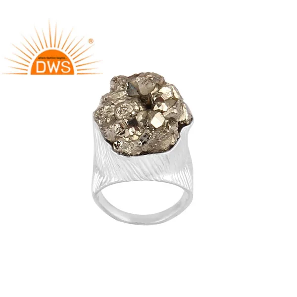New Arrival 925 Sterling Fine Silver Statement Ring Jewelry Supplier Raw Pyrite Natural Gemstone Ring Jewelry