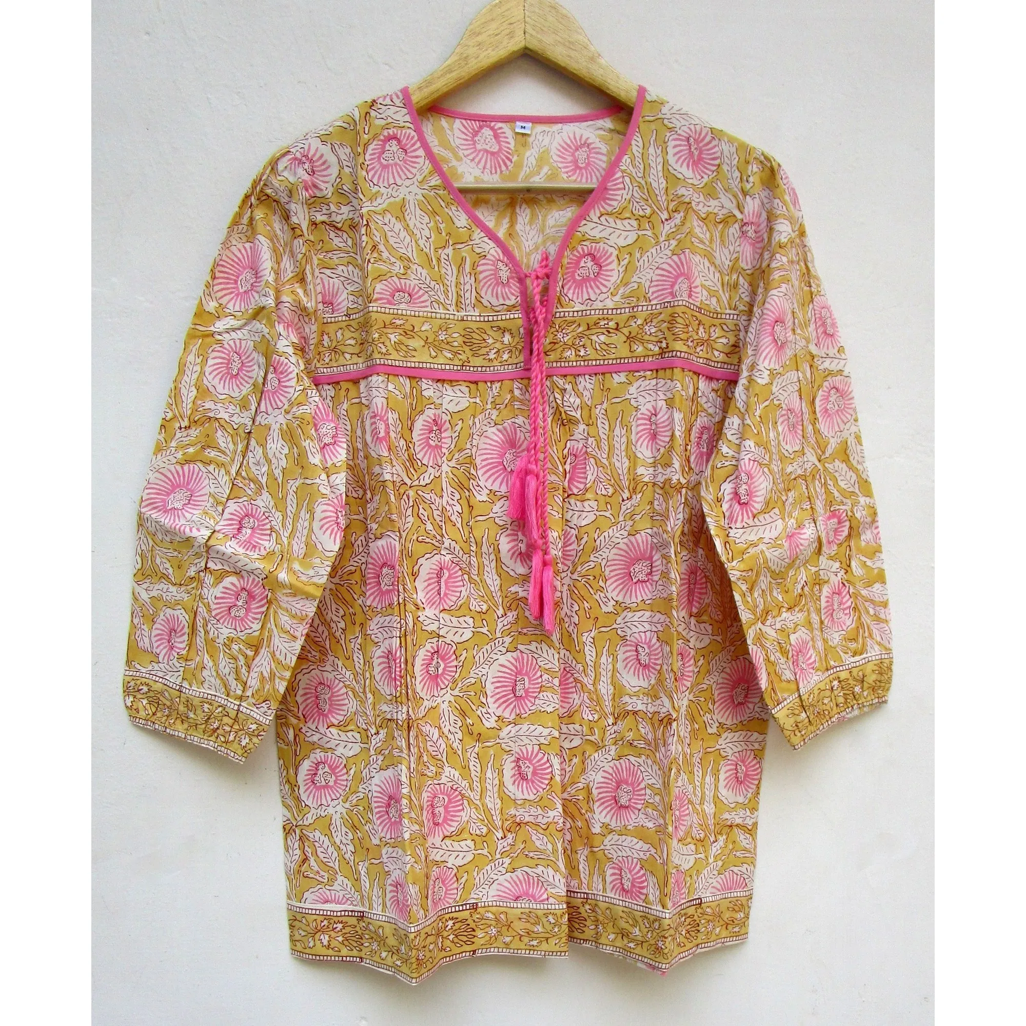 Beautiful blossom sunflower cotton women tops and blouse - v neckline with tassel blouse and tops