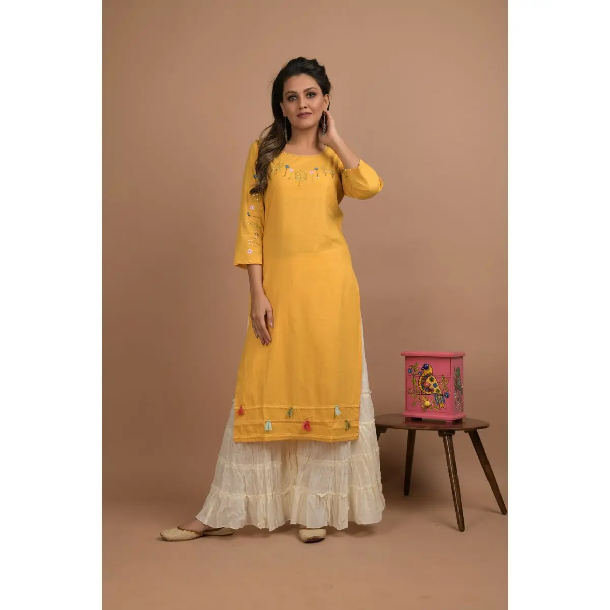  Дизайнерская одежда Индийский Стильный желтый костюм Kurta и