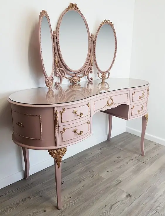 Dressing Table with Large and 3 Mirror Modern Dressing Table Removable Organiser made teak wood solid pink color for  bedroom fu