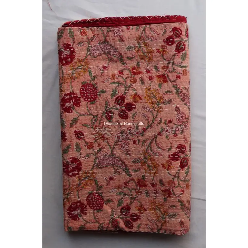 Индийское Персиковое цветочное покрывало ручной работы красивое домашнее декоративное оптом хлопковое Kantha с принтом