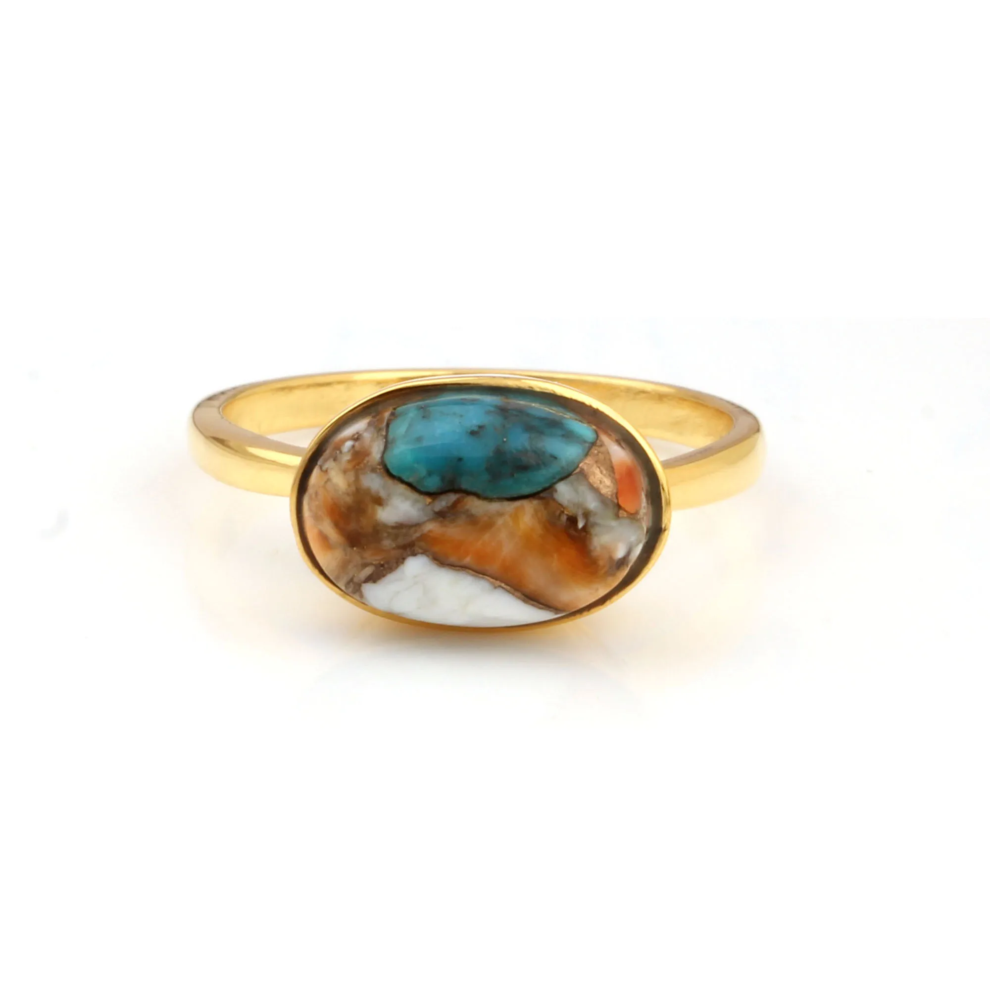 Top Selling 12x16mm Mohave Spiny Oyster Copper Turquoise Stone Jewelry 18k Gold Plated Silver Dainty Oval Shape Ring For He