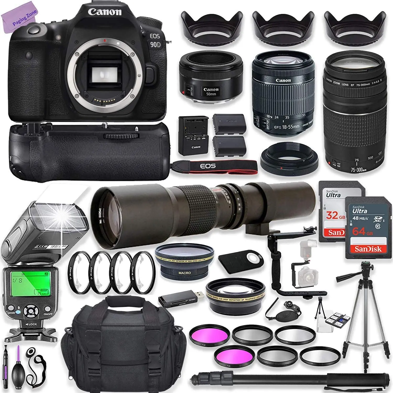 Hot Sales For Canon EOS 90D DSLR Camera w/ 18-55mm Lens Bundle + Canon 75-300mm III Lens, Canon 50mm f/1.8 & 500mm Preset Lens