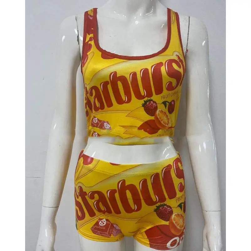 fashionable 2021 summer sexy off the shoulder crop top dicky printed 2 piece women track two piece biker short set