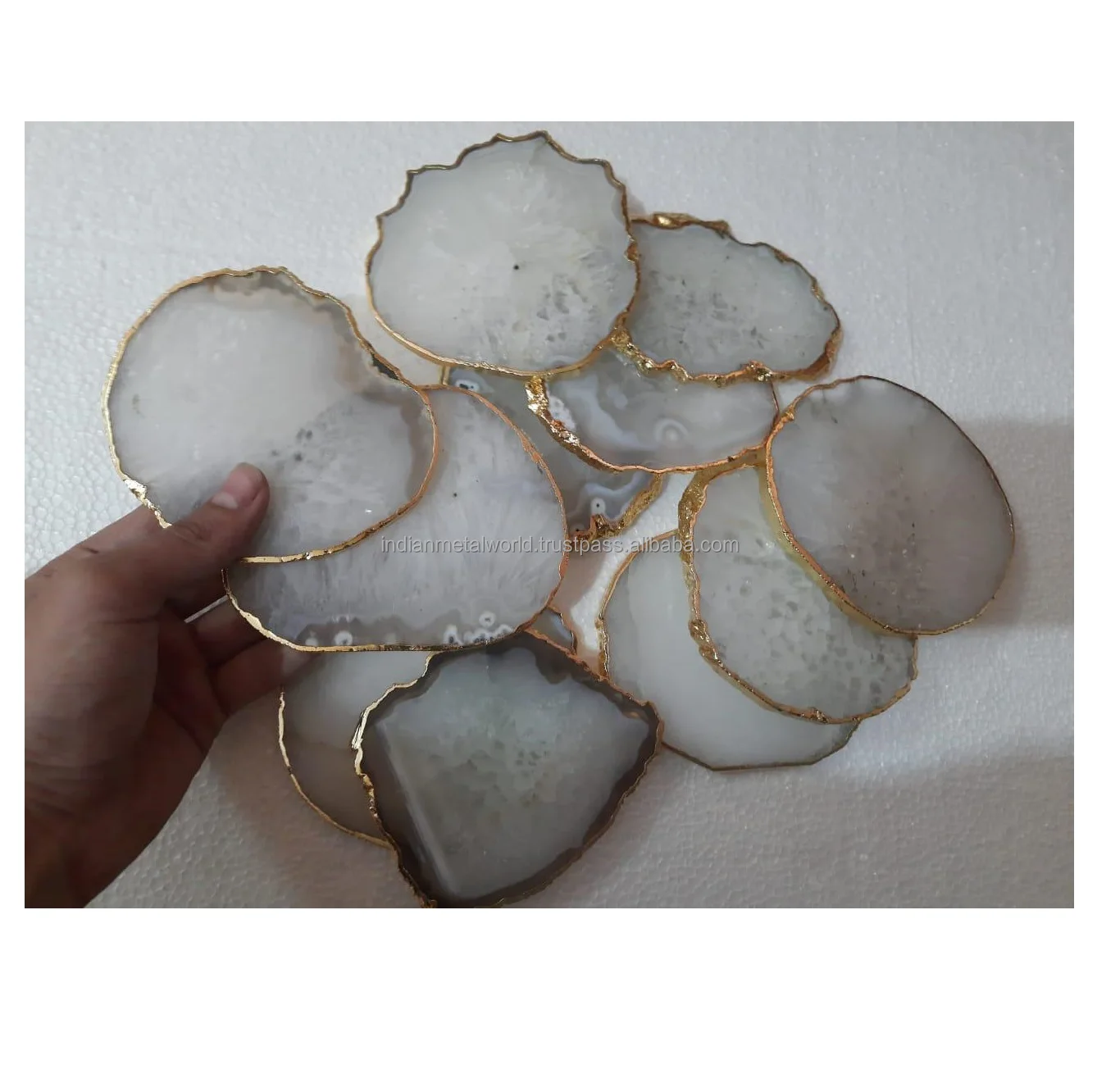 best price agate slice cup coaster with White Salt Agate Coaster Gold Trim