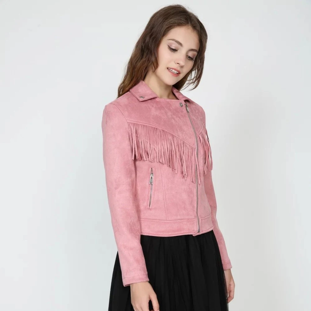 
Women New Long Sleeve Back Tassels Long Leather Tassels Jacket The Misfit Fringe Color Brown Slim Boyfriend Style PU Jacket Coat 