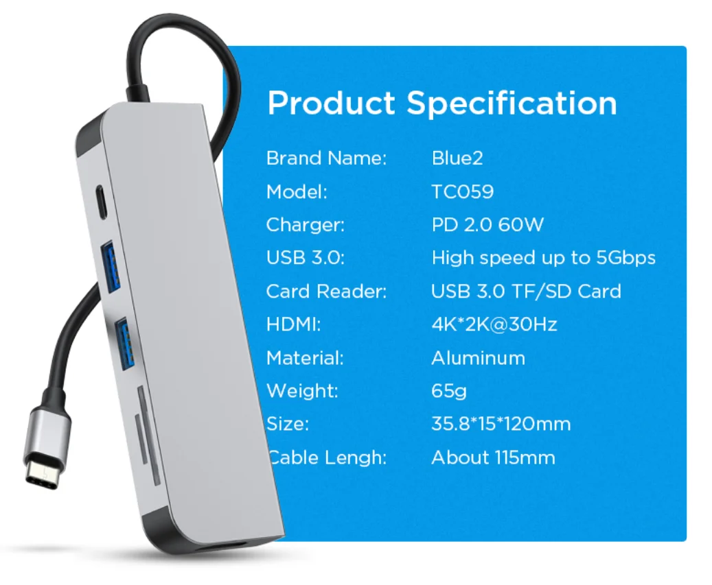 
2019 new usb-c multiport adapter typ c card reader usb3.1 otg hub adapter with usb 3.0 to HD-MI 7 in 1 usb Mac-book pro 