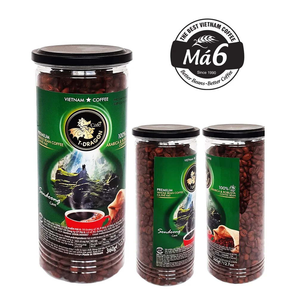 Vietnam Whole Bean Coffee Sugar-Free 360GR CAFE T-DRAGON - PREMIUM WHOLE BEAN - ARABICA ROBUSTA COFFEE BEAN