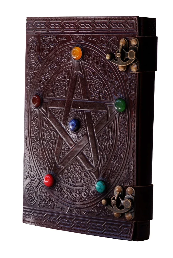 Handmade Pentagram Leather Journal, Large Celtic Embossed, Leather Journal With Lock, Grimoire, Notebook, Journal With Stone (10