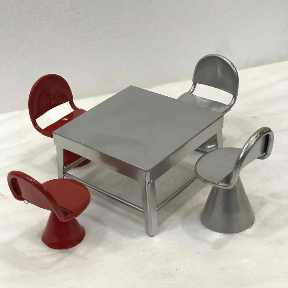 Doll House Furniture Use Metal Dining Set of Kids Play High Quality Silver Table and Red Chairs Miniature