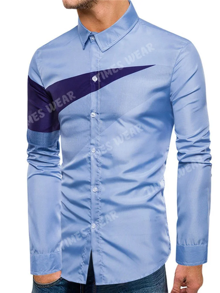 Custom Logo Lapel European Color Block Patchwork Fall Men Shirts Fit Dress Plaid Shirts Male Clothes