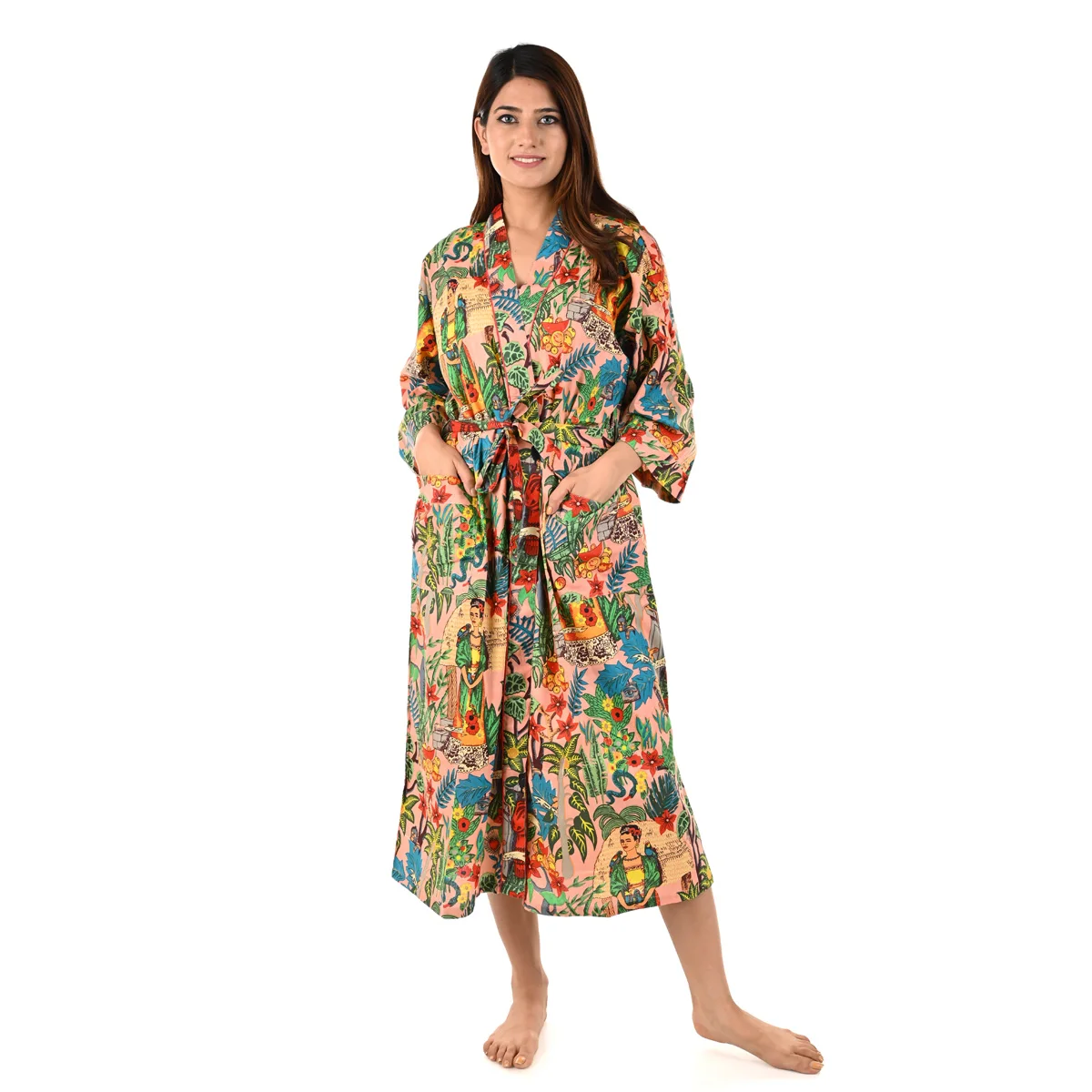 Женское длинное банное кимоно из хлопка с принтом