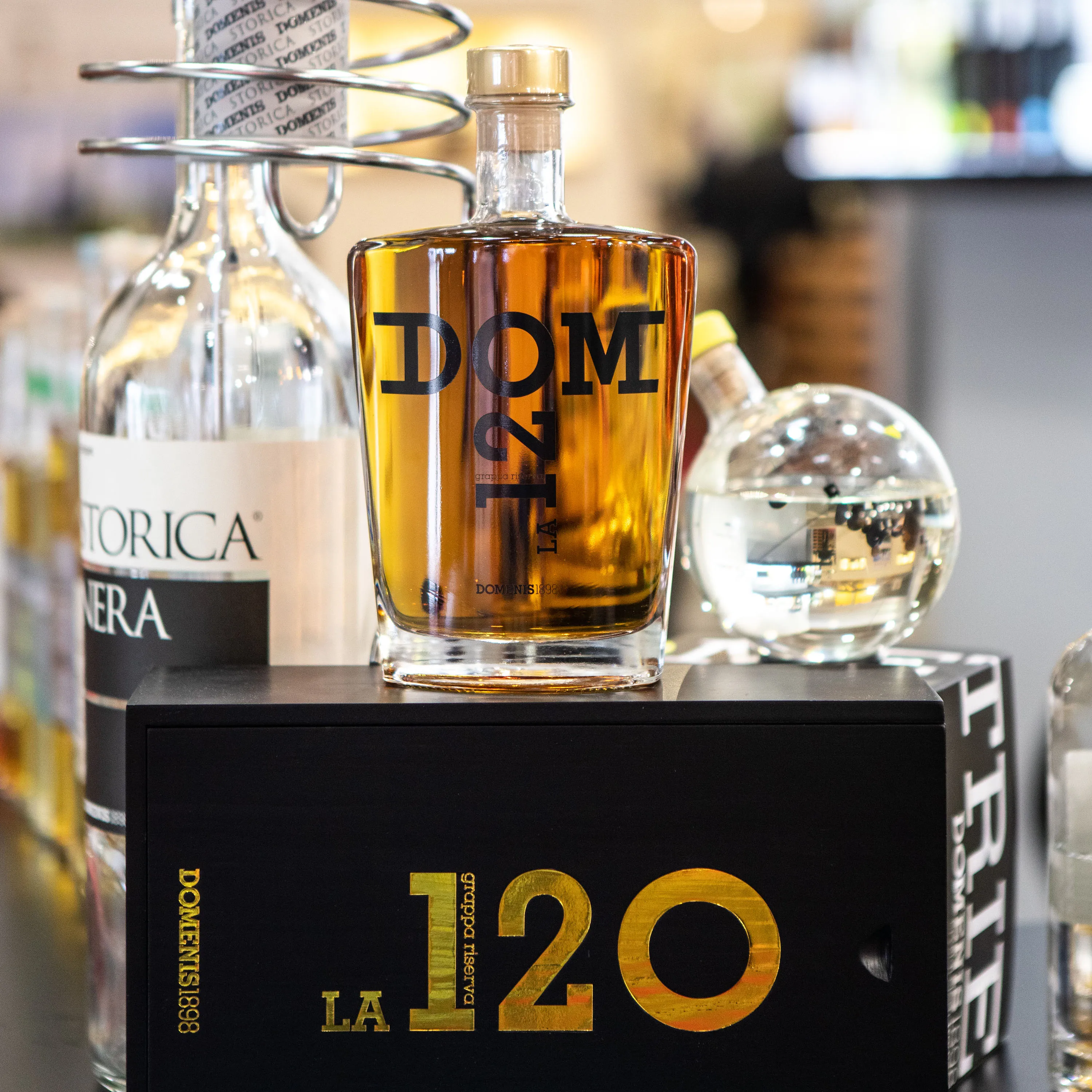 Premium Award Winning Italian Riserva Grappa LA120 with precious wood box and 70cl glass decanter