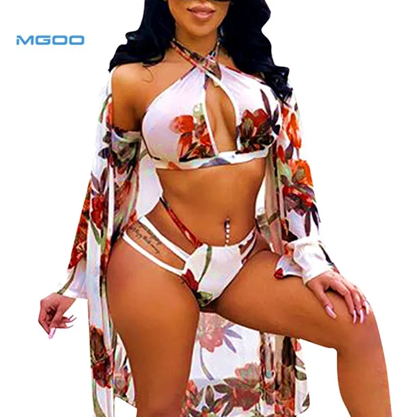 Custom Three-Piece Swimsuit Bikini Set  Chiffon Sarong Cappa  for Womens Print floral Beachwear Bathing suit