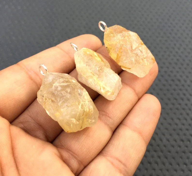 Genuine Beautiful 3 Pieces Natural Golden Rutile Untreated Rough Gemstone 92.5 Sterling Silver Pendant Wholesale