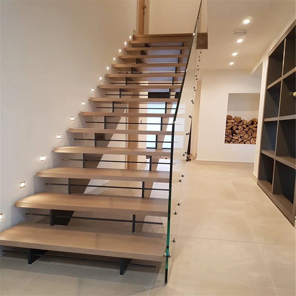 Open riser staircase design with wood handrail stainless steel railing straight mono stringer stairs
