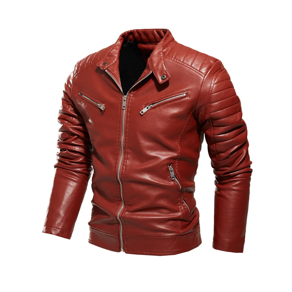 Superiour quality Warm Keeping leather jacket men zip-front Embossing logo design leather men jackets windproof leather jacket