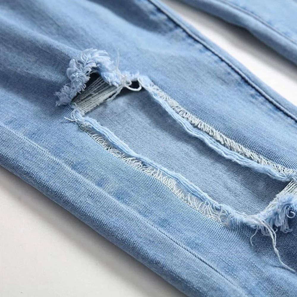 Heavyweight Vintage Acid Wash Blue Denim Pants Men Wholesale Cut Edge Stacked Jeans Flare Custom Ripped Distressed