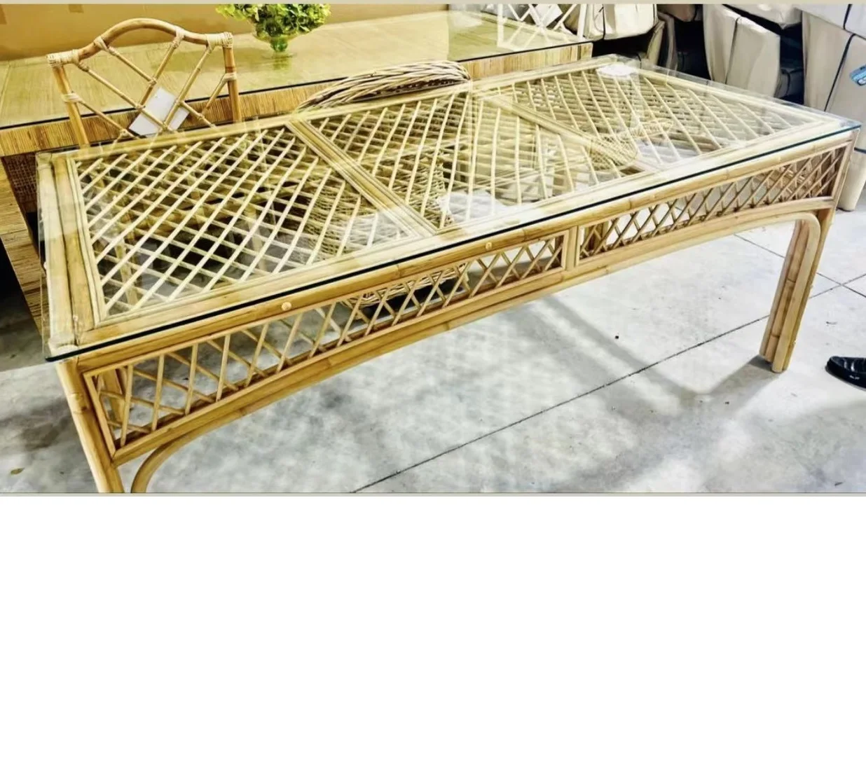 Center Liftup Extension Hand Woven Mid Century Antique Adjustable Rattan Glass Folded KINGSTON Dining Table