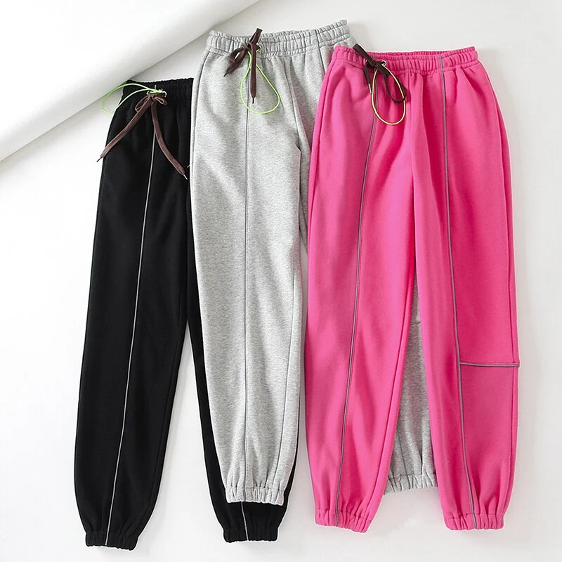 
New Fashion Trousers Casual Elastic Waist PU Sweatpants Reflective Women Workout Drawstring 95% Cotton Harem Pants 