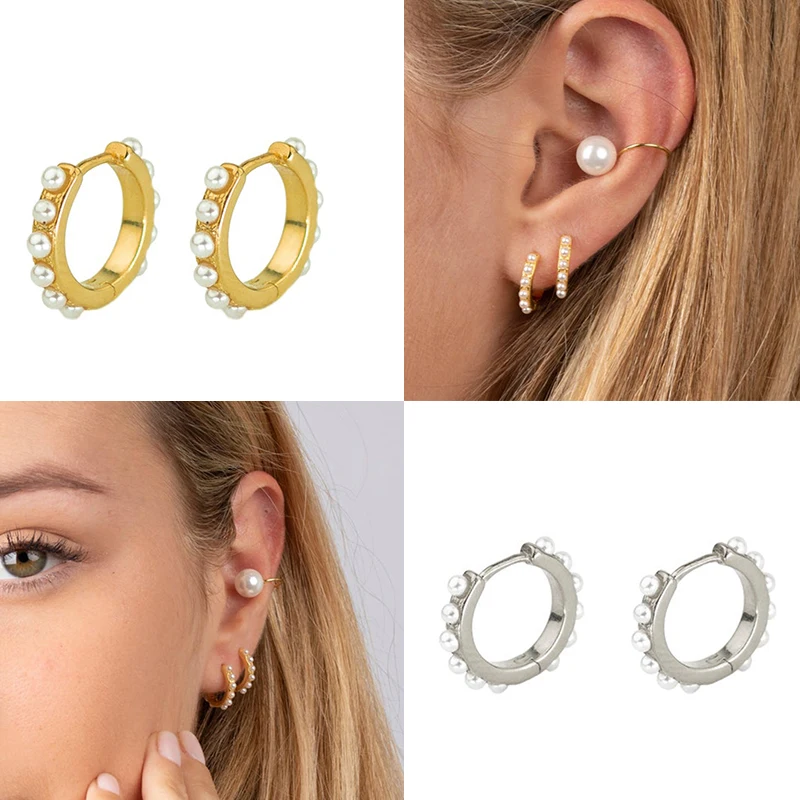 CANNER Popular Minimalist Wholesale Jewelry 18K Gold Plated 925 Silver Pearl Huggies Hoop Earrings