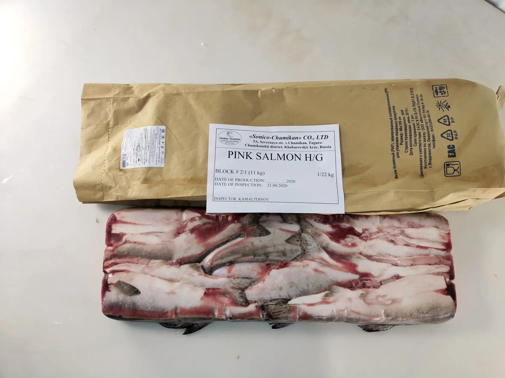 Frozen Pink Fish Food Products Seafood 1/22 kg Block Bag Packaging Oncorhynchus Gorbuscha Salmon Without Head