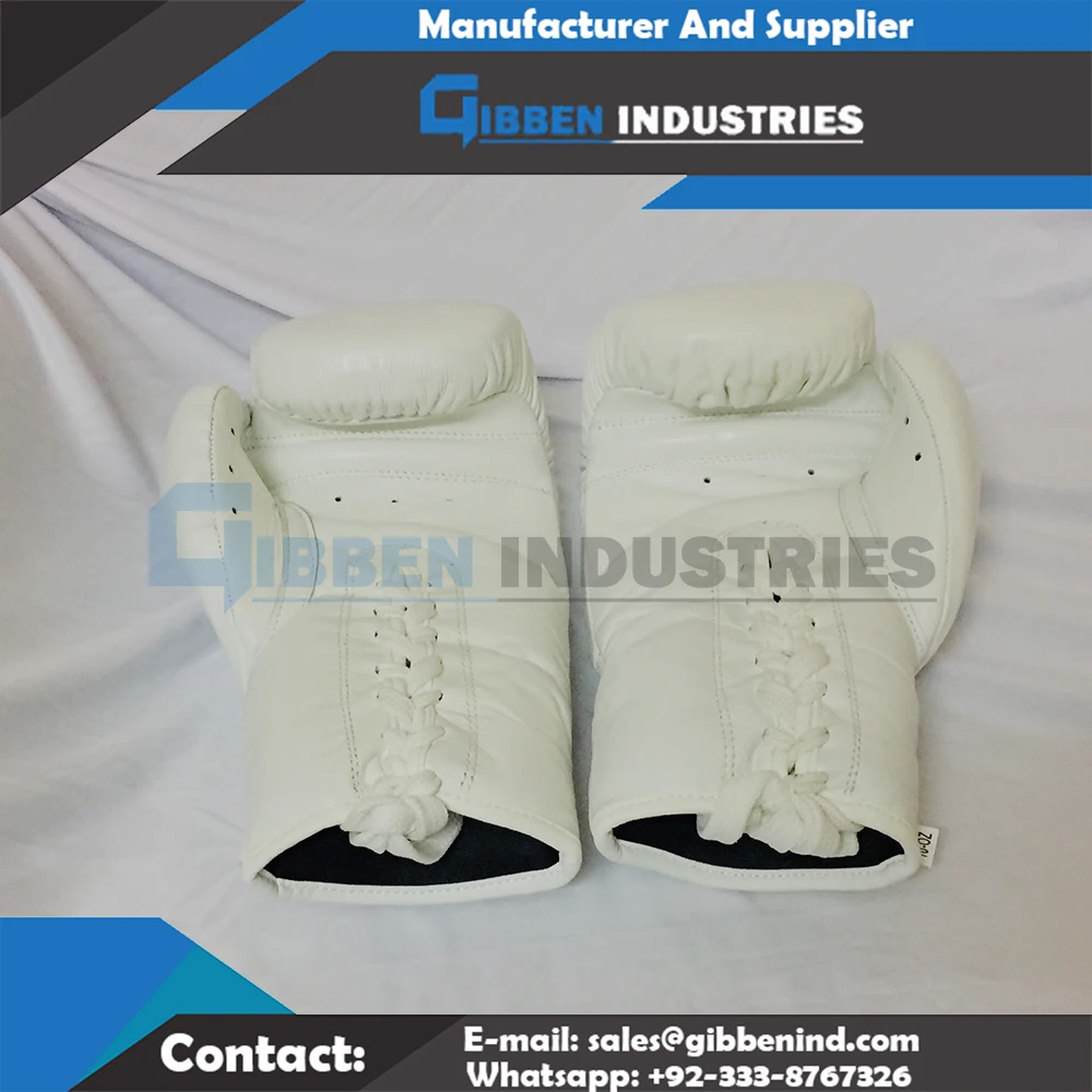 High Quality White Color Cowhide Leather Lace Up Boxing Gloves With Customized Logo Printing