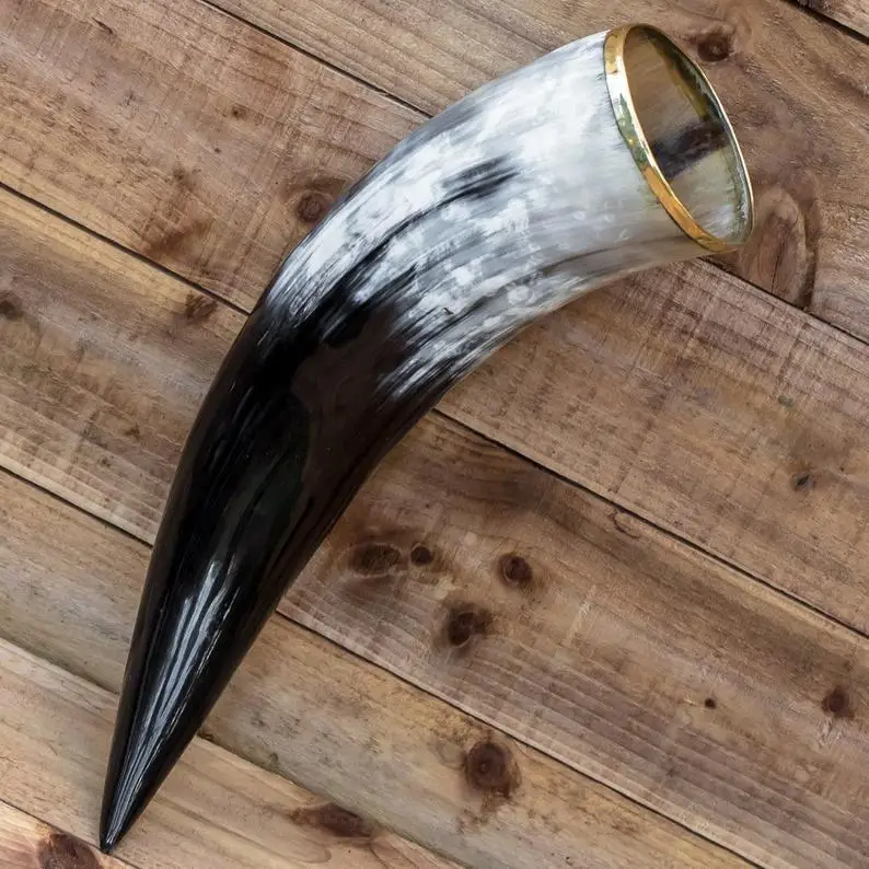 Indian Quality Natural Viking Drinking Horn with Horn Stand Carved Antique Viking Drinking Horn with Brass Rim