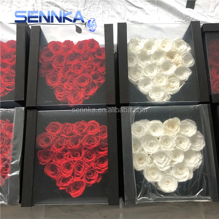 Bases for Flower Arrangements Real Fresh Preserved Rose in Black Heartshaped Gift Box with Ribbon