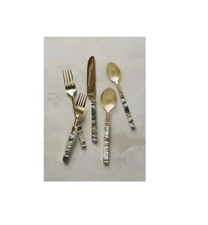 Gold Plated Cutlery Set of 5 New Hammered Design Metal Flatware Set For Wedding Used New Metal Cutlery Spoon An Fork