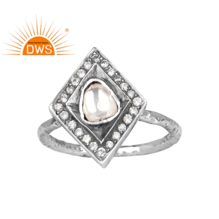 Zirconia Crystal Quartz Gemstone Oxidized Sterling Silver Ethnic Boho Ring Jewelry  For Women Gift For Her Vintage Collection