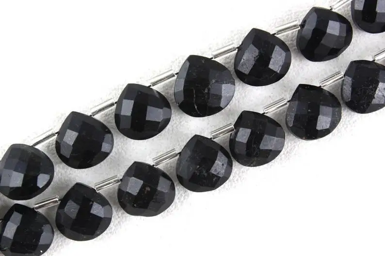 Top Quality 14 Pieces Strand Natural Black Tourmaline Gemstone Faceted Heart Shape Briolette Beads Wholesale