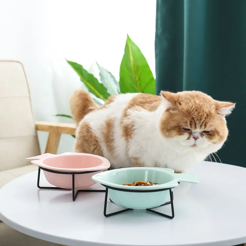 Wholesale Adjustable Cat Dog Bowl Fish Shape Pet Feeder Dispenser Ceramic Pet Bowl With Stainless Steel Stand