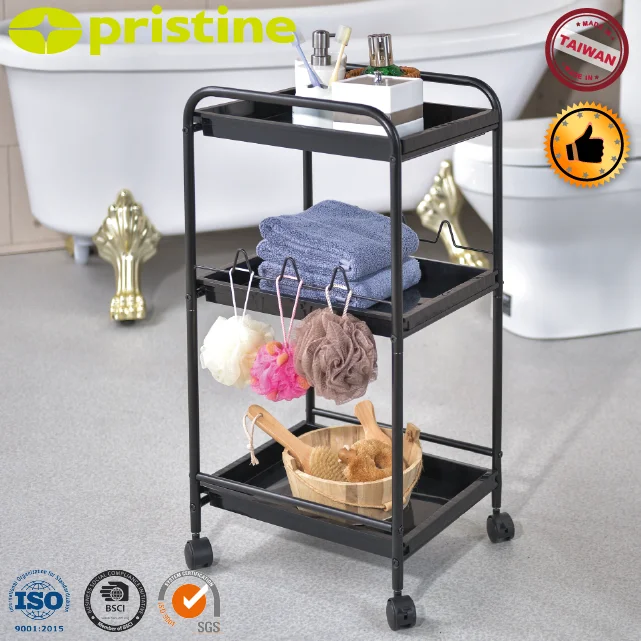 Quality OEM eBay Organizer factory Manufacturer home storage 3 TIER Metal basket pp tray bathroom Rolling Utility Tool Cart