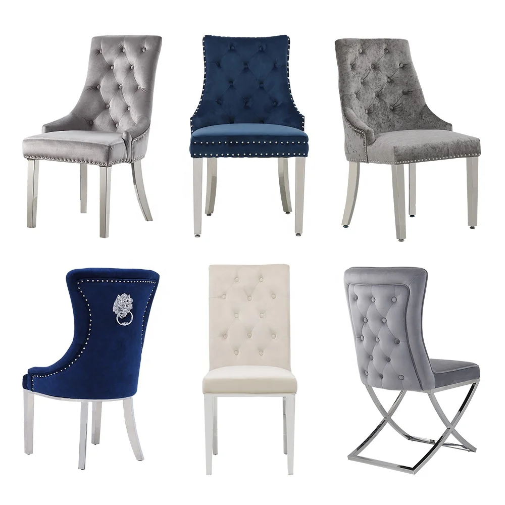 Wholesale nordic upholstered dinning room chair modern luxury furniture button tufted fabric velvet stainless steel dining chair