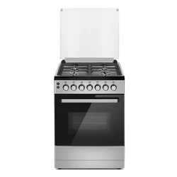 60x60 Elitline Black Enameled Top Table Silver Body Cast Iron Grids Black Glass Door Glass Cover Free Standing Oven