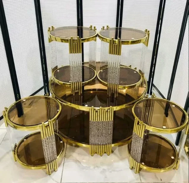 High quality modern luxury stainless steel metal wholesale acrylic knock down coffee table tea table set 1+4 1+6 tea table set