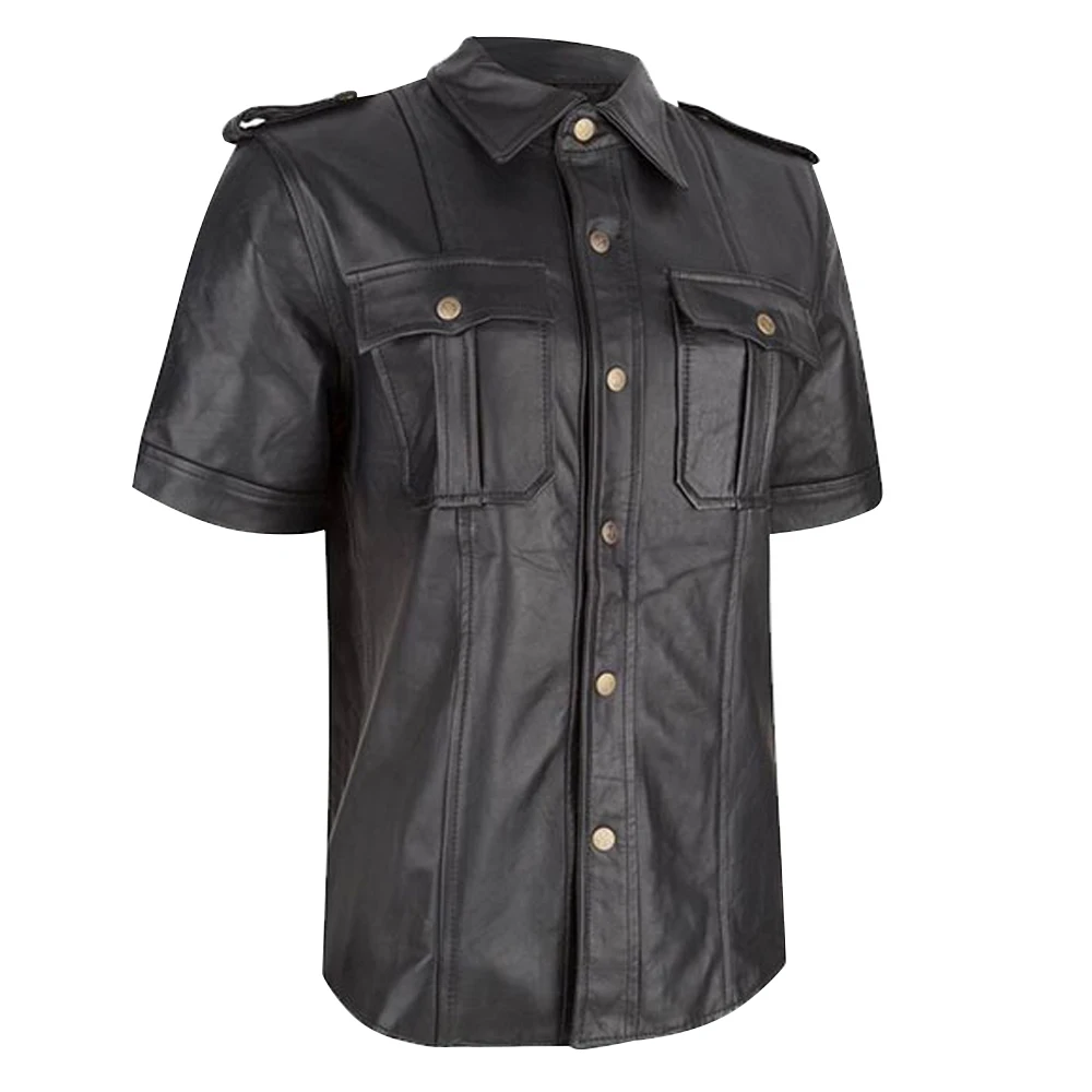  Custom Made Real Lamb Leather sleeve less Shirt/Mens black Sheep leather shirt/Snap buttons