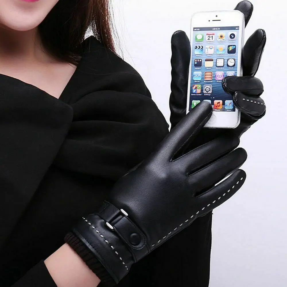Women Winter Gloves Warm Leather Solid Thermal Black Buckles Smart Touch Fashion Leather Gloves