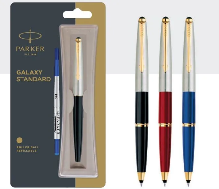  Шариковая ручка Parker galaxy стандартная Золотая отделка из нержавеющей стали голубая пластиковая Премиум parker с логотипом на