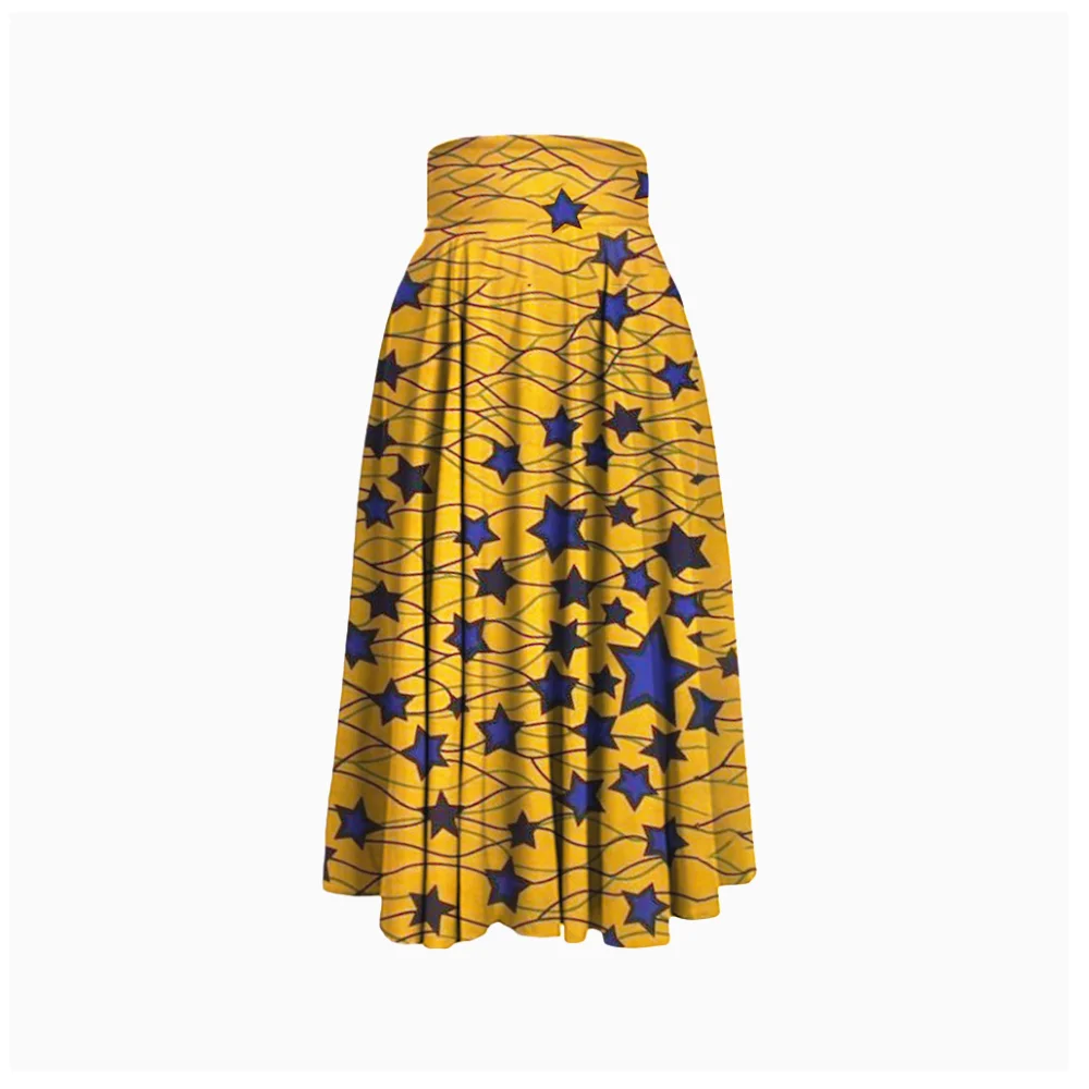 
Rapheeze Star Wax Printed Floor Length Gold Blue Maxi Skirt 