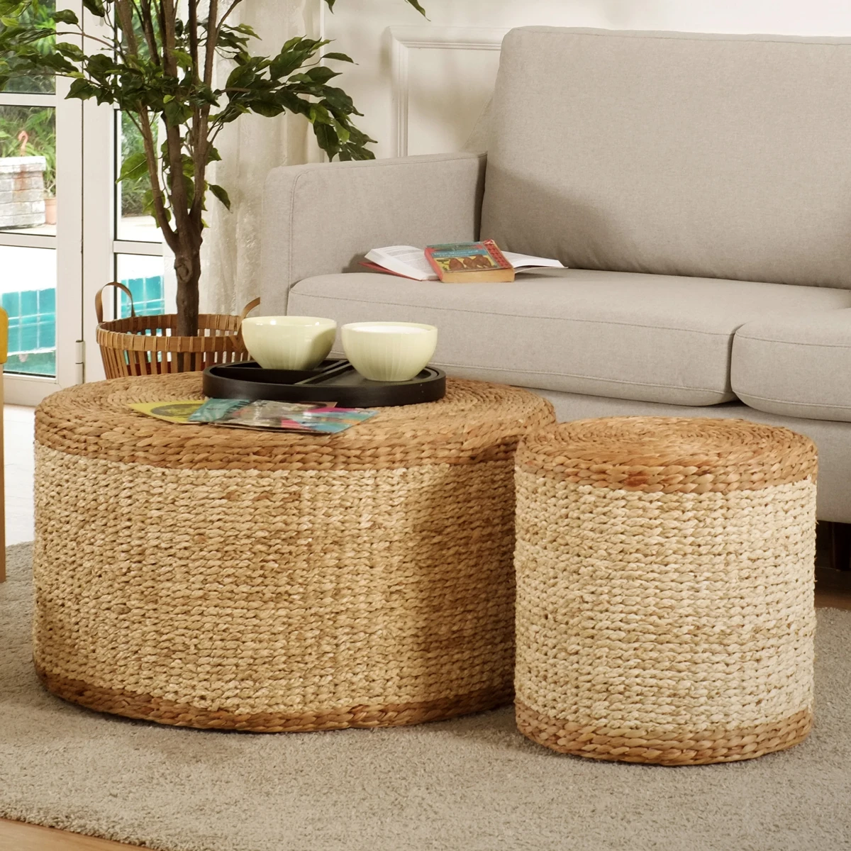 Hot Product Footstool Pouf Mix Of Seagrass Water Hyacinth Handicraft Interior Decoration Vietnam