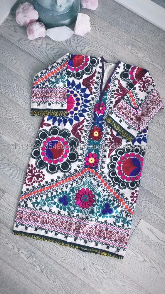 Vintage Indian Tribal Suzani Embroidered Handmade Floral Boho Tunic Banjara Style Hippie Free Size Dress Uzbek Lady Folk Dress