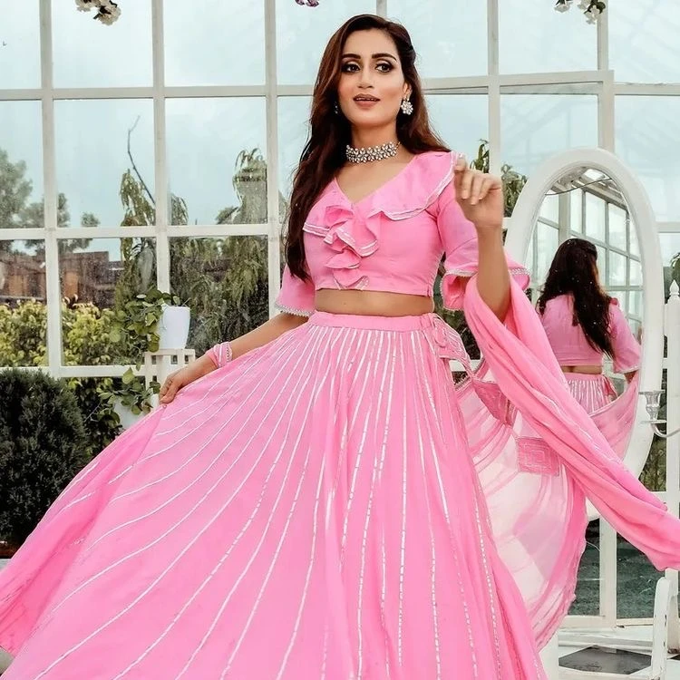 PINK RUFFLE BOLLYWOOD STYLE LEHENGA CHOLI Heavy Embroidered work with embroidered dupatta & Blouse BELL SLEEVES bridal lehenga
