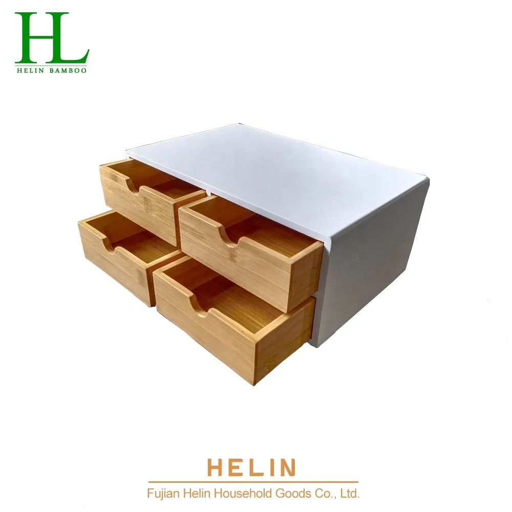 2 Tier Bamboo Desk Organizer with 4 Drawers for Desktop Office Supplies, Vanity, Kitchen and Home