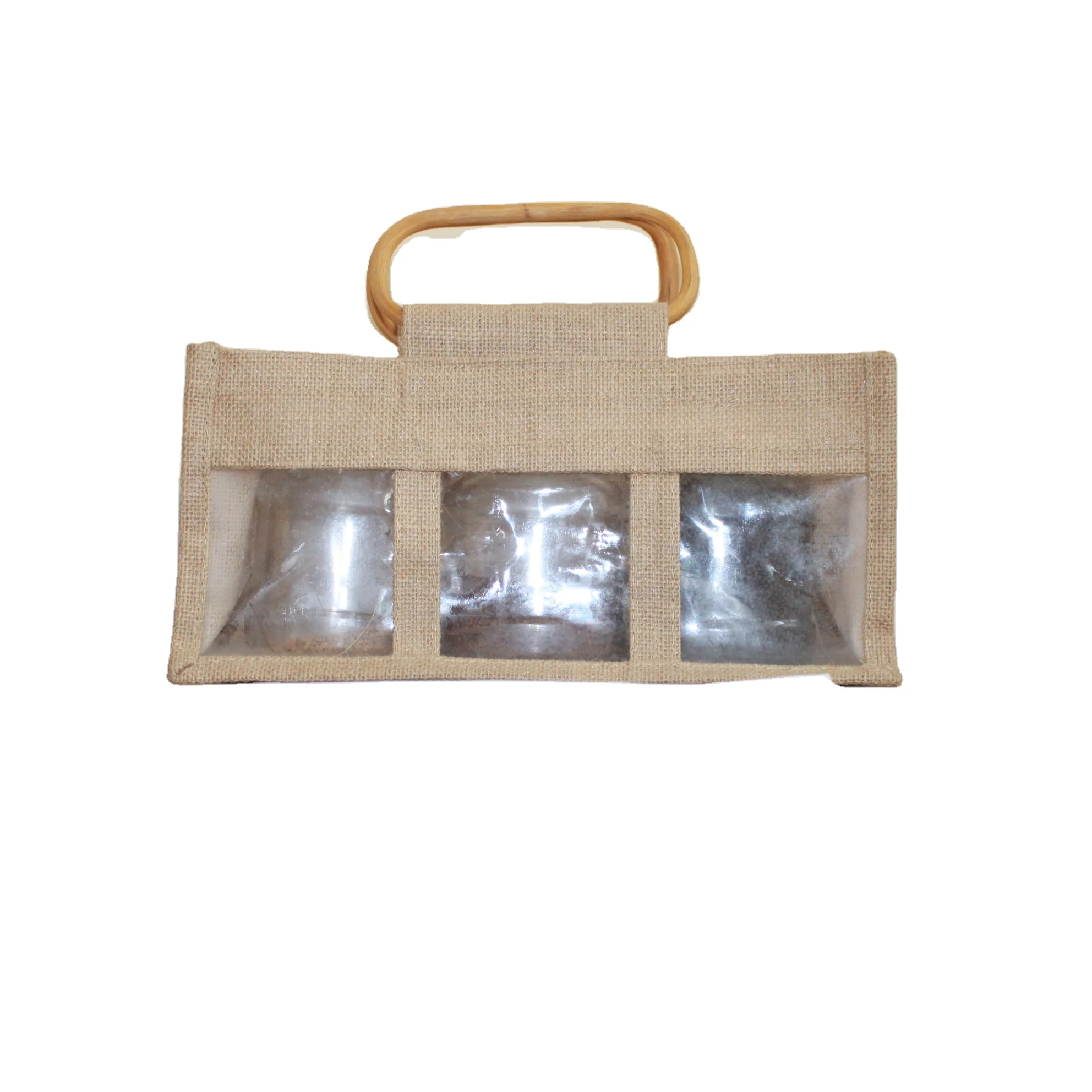 reliable three bottle jam jar bag with front transparent window and made of pure indian laminated jute burlap hessian
