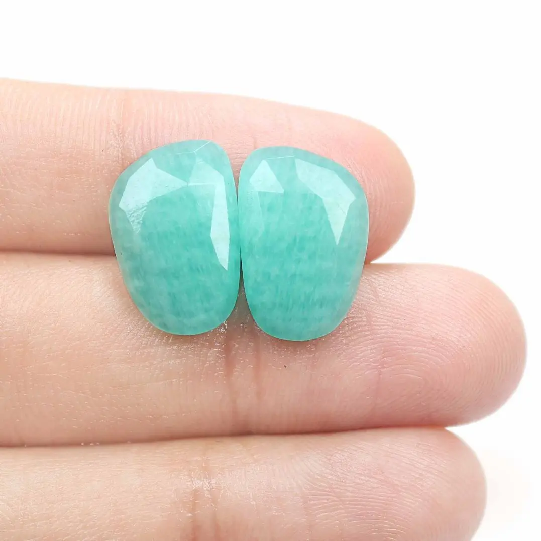 Match Pair Natural Amazonite Faceted Cut Stone Cabochon Oval Shape Gemstone
